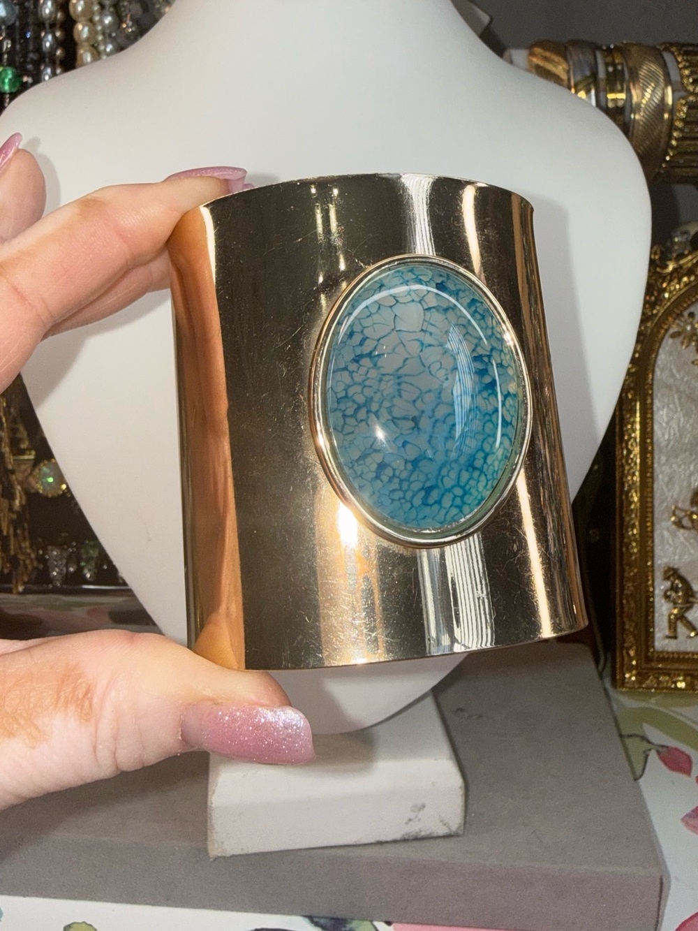 Gold-Tone Cuff Bracelet 5”with Blue Marbled Glass